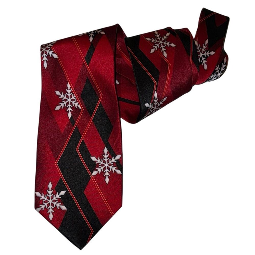 Vintage Holiday Snowflake Necktie Red Black Geometric Print Christmas‎ Party Tie